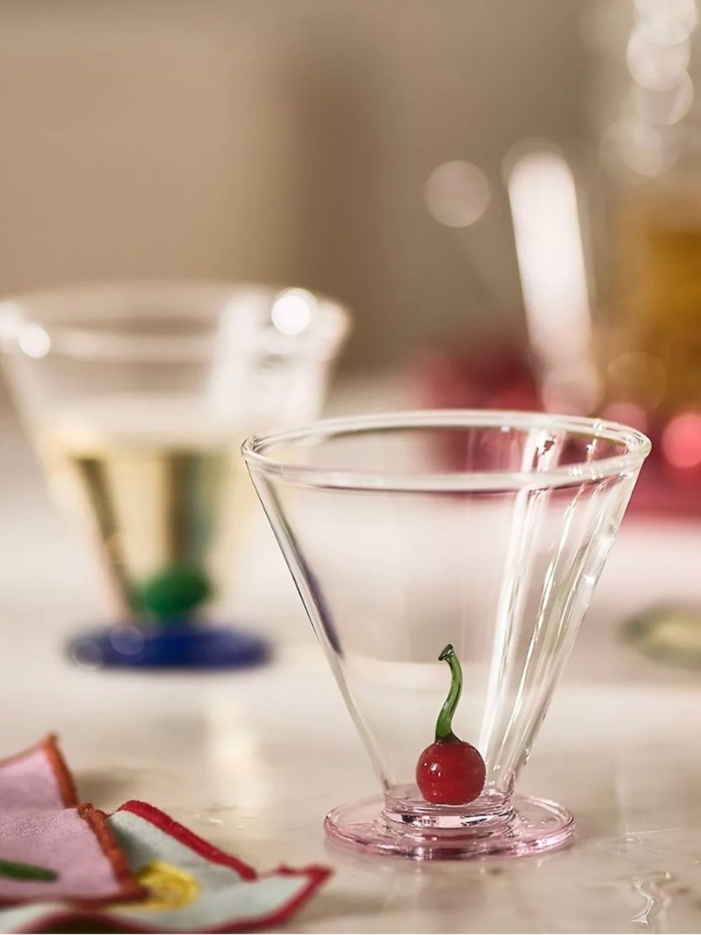 NWT Anthropologie Garnish Stemless Martini Glass Pink Base Cherry 3D Hand Blown - Picture 2 of 9